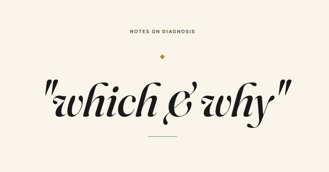 Typographic featured image reading "which & why" in italic serif beneath the eyebrow "Notes on diagnosis"